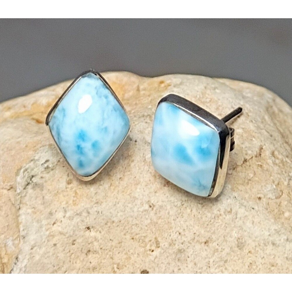 Vintage Natural Larimar Sterling Silver Stud Earrings Diamond Shape